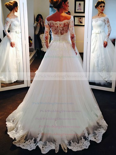 Off-the-shoulder Tulle Sweep Train Appliques Lace Long Sleeve Ivory Wedding Dresses #PWD00022502