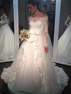 Off-the-shoulder Tulle Sweep Train Appliques Lace Long Sleeve Ivory Wedding Dresses #PWD00022502