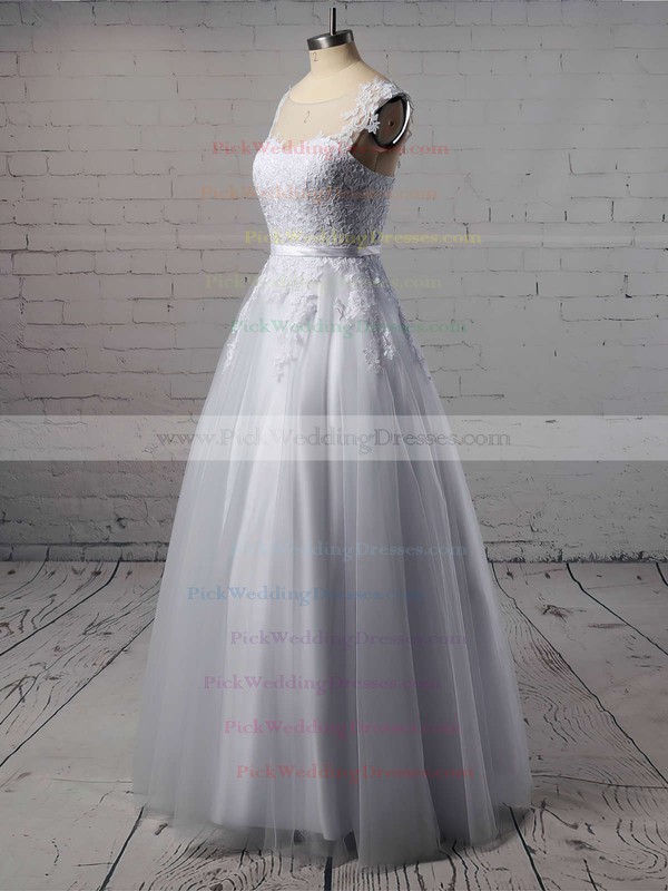 Scoop Neck White Tulle Appliques Lace Floor-length Wedding Dresses #PWD00022503