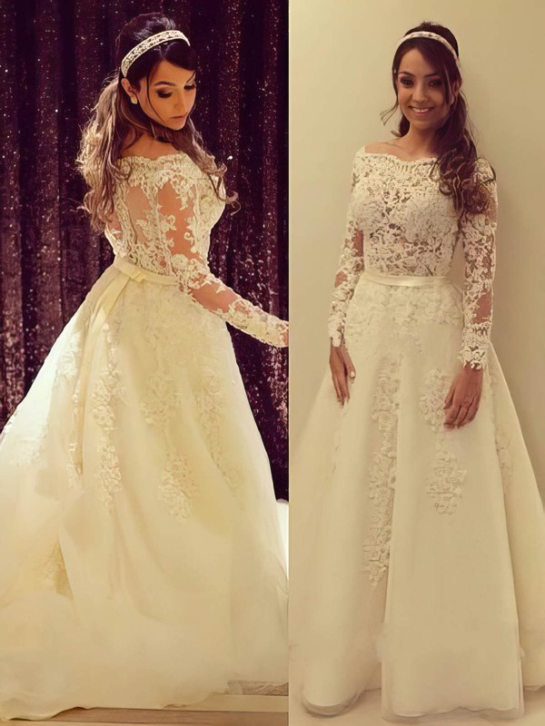 Long Sleeve A-line Tulle Appliques Lace Off-the-shoulder Wedding Dresses #PWD00022504