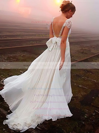 Stunning V-neck Ivory Chiffon Appliques Lace Sweep Train Wedding Dresses #PWD00022505