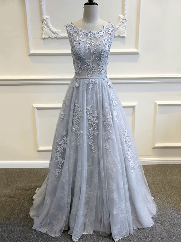 Scoop Neck Light Slate Gray Tulle Sweep Train Appliques Lace Backless Wedding Dresses #PWD00022507