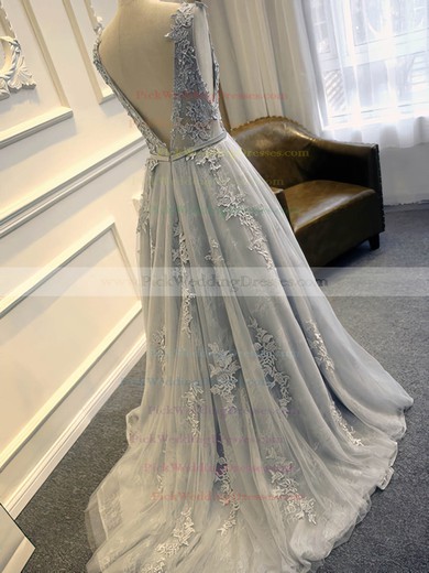 Scoop Neck Light Slate Gray Tulle Sweep Train Appliques Lace Backless Wedding Dresses #PWD00022507