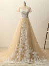 Princess Champagne Tulle Court Train Appliques Lace Short Sleeve Wedding Dresses #PWD00022511