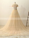 Princess Champagne Tulle Court Train Appliques Lace Short Sleeve Wedding Dresses #PWD00022511
