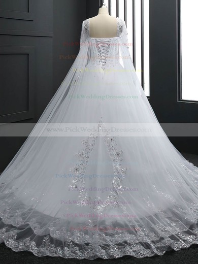 Long Sleeve Sweetheart Tulle Chapel Train Appliques Lace White Wedding Dresses #PWD00022512
