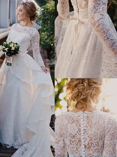 Scalloped Neck Sweep Train Sashes / Ribbons White Lace Wedding Dress #PWD00022513