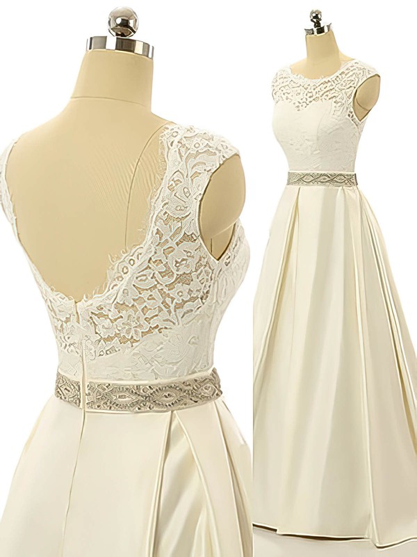 Scoop Neck Elastic Woven Satin Sashes / Ribbons Sweep Train Wedding Dress #PWD00022517