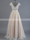 Princess V-neck Tulle Sashes / Ribbons Short Sleeve Wedding Dress #PWD00022520