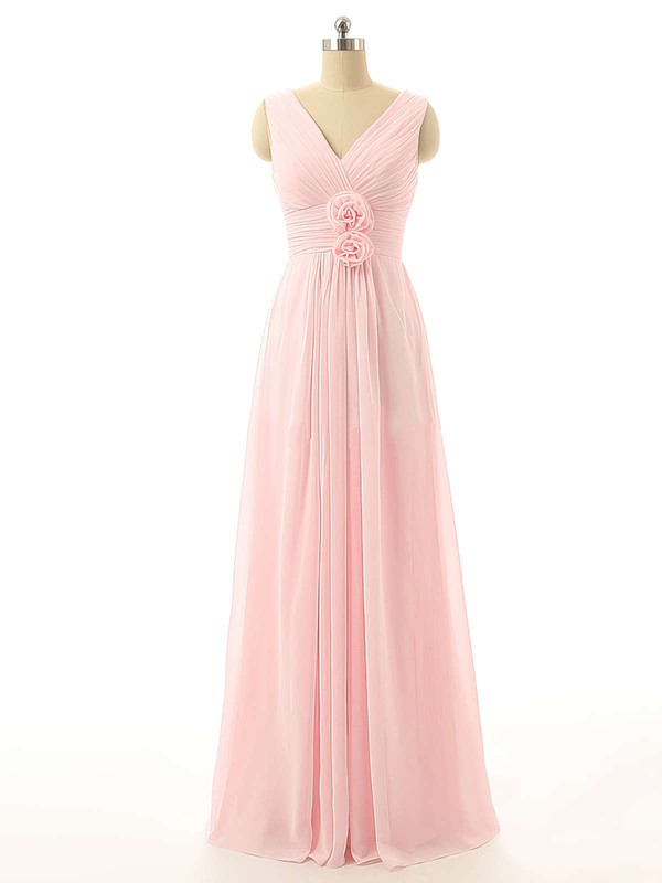 Cheap V-neck Floor-length Flower(s) Pink Chiffon Bridesmaid Dresses #PWD01012726