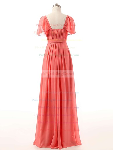 Watermelon Chiffon Floor-length Ruffles Short Sleeve Sweetheart Bridesmaid Dress #PWD01012732