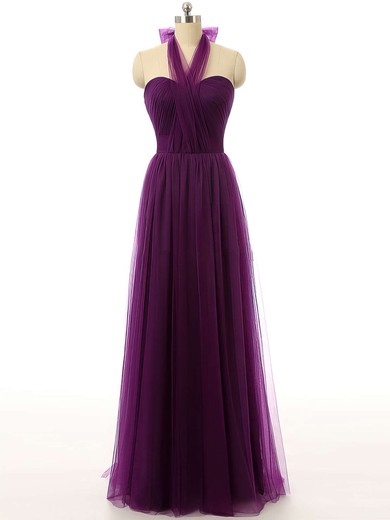 Halter Lace-up Ruffles Purple Tulle A-line Bridesmaid Dress #PWD01012737