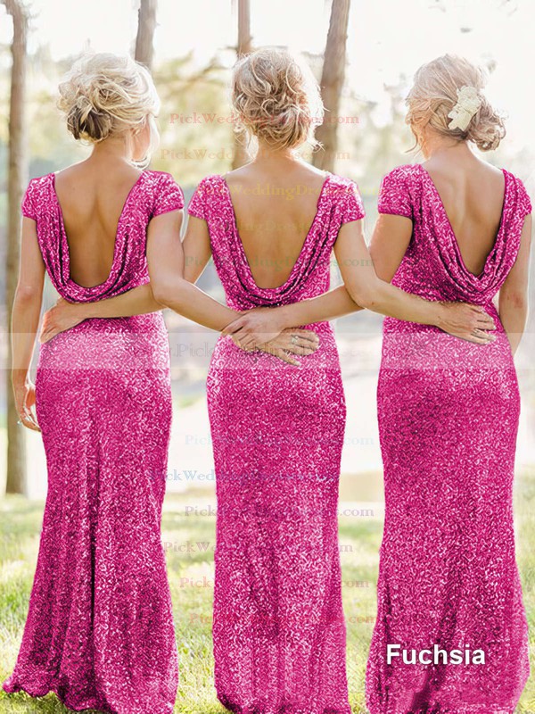 Online Backless Sheath/Column Sequined Scoop Neck Short Sleeve Bridesmaid Dresses #PWD01012746