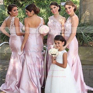 Designer Trumpet/Mermaid Taffeta with Lace One Shoulder Bridesmaid Dresses #PWD01012750