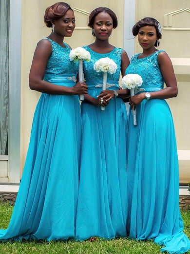 Blue Chiffon Scoop Neck Sweep Train Appliques Lace Beautiful Bridesmaid Dresses #PWD01012759