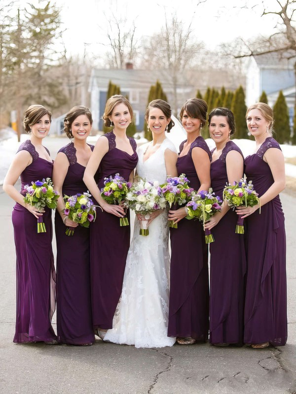 Cowl Neck Chiffon with Lace Inexpensive Sheath/Column Ankle-length Bridesmaid Dresses #PWD01012768