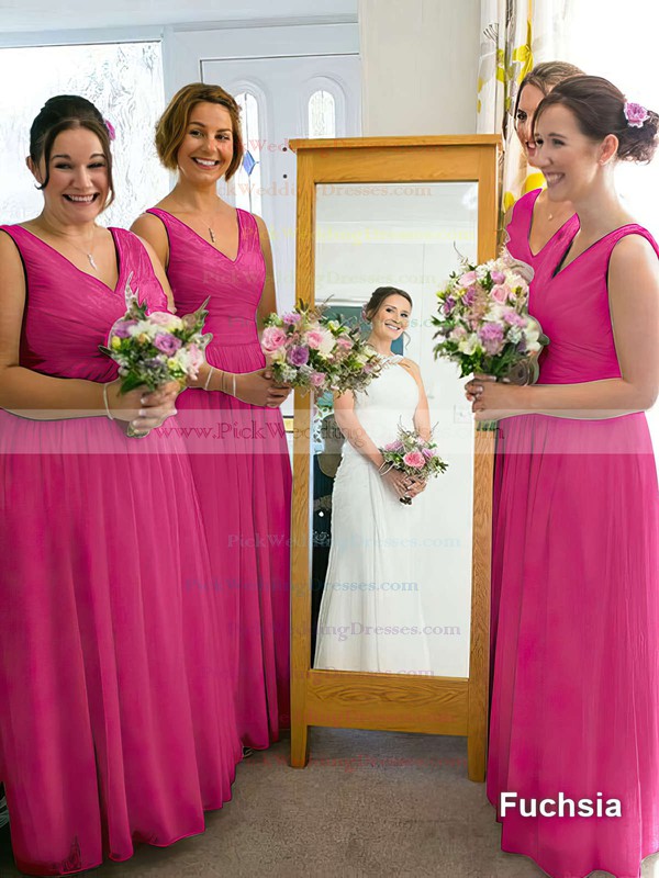 Pink V-neck Ruffles Chiffon Floor-length Discounted Bridesmaid Dress #PWD01012771