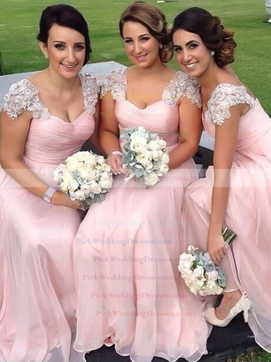 V-neck Chiffon Floor-length Appliques Lace Different Pink Bridesmaid Dress #PWD01012776
