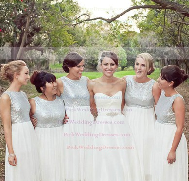 Girls Chiffon with Sequins Scoop Neck Floor-length White Bridesmaid Dress #PWD01012778