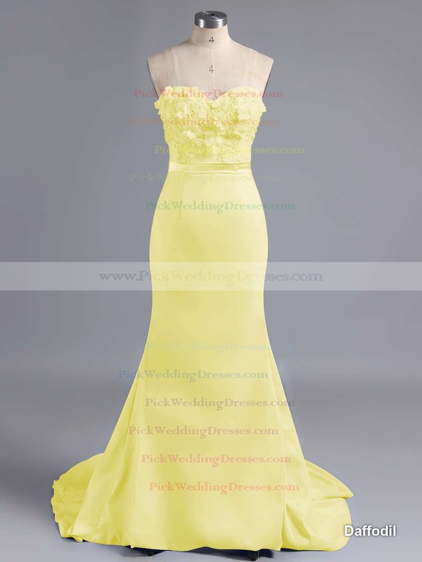 Sheath/Column Silk-like Satin Sweetheart Appliques Lace Glamorous Bridesmaid Dress #PWD01012786