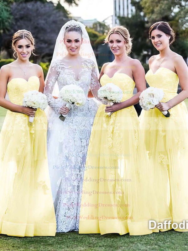 Nicest Floor-length Sweetheart Tulle Appliques Lace Champagne Bridesmaid Dress #PWD01012787