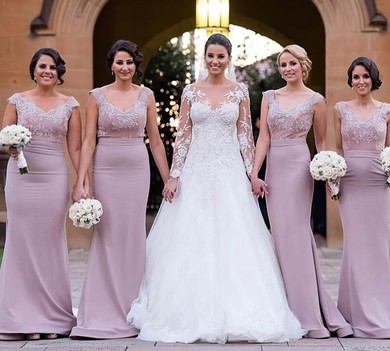 Silk-like Satin Appliques Lace Sheath/Column Sweep Train Newest Bridesmaid Dress #PWD01012789