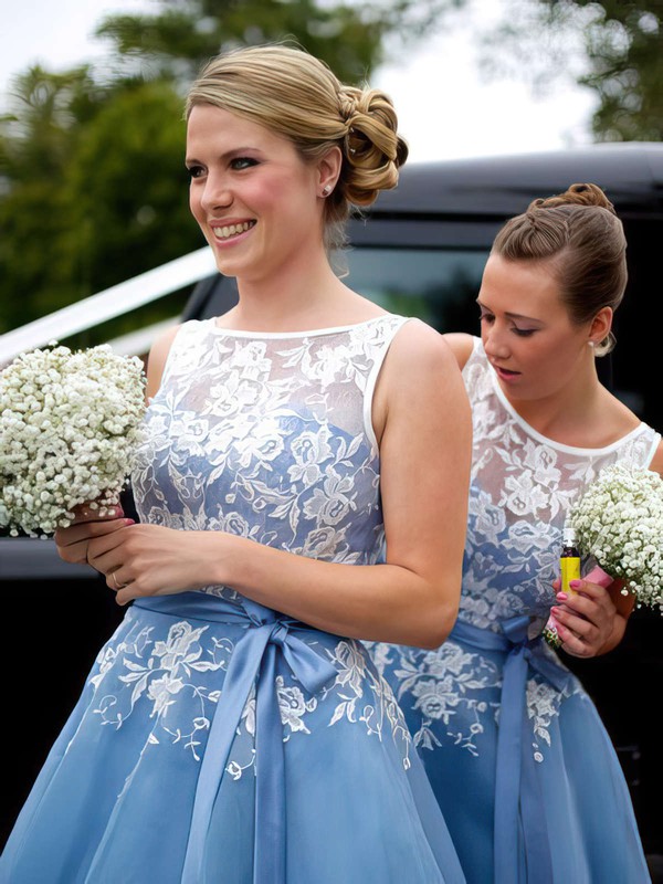 Boutique Scoop Neck Tulle Sashes / Ribbons Tea-length Bridesmaid Dress #PWD01012790