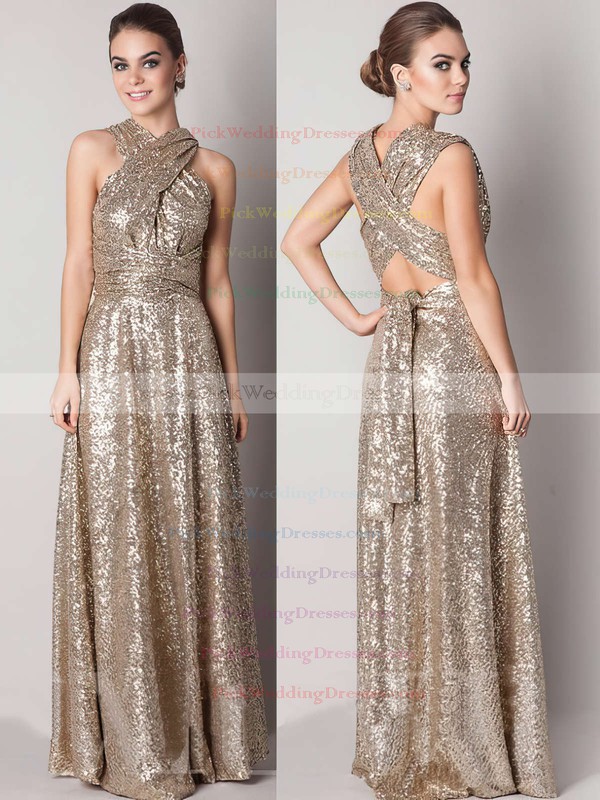 Designer Gold V-neck Sequined A-line Backless Bridesmaid Dresses #PWD01012791