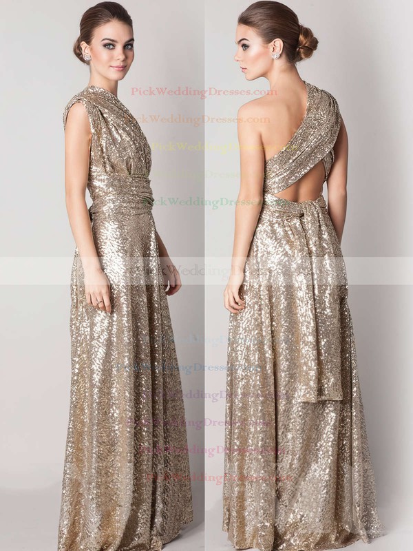 Designer Gold V-neck Sequined A-line Backless Bridesmaid Dresses #PWD01012791