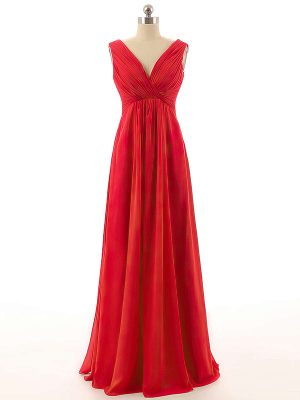 Womens V-neck Empire Chiffon with Ruffles Red Bridesmaid Dresses #PWD01012800