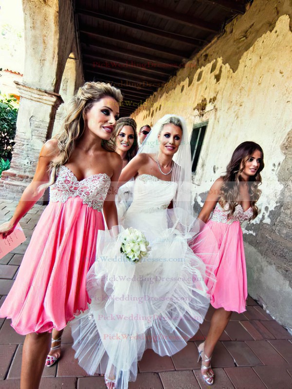 Empire Pink Chiffon Beading Short/Mini Sweetheart Bridesmaid Dresses #PWD01012801