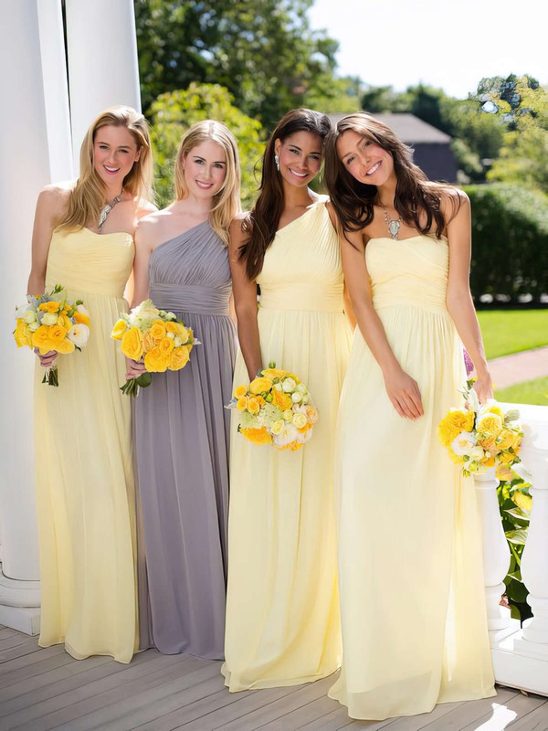 Beautiful A-line Chiffon Ruffles Light Yellow One Shoulder Bridesmaid Dresses #PWD01012806