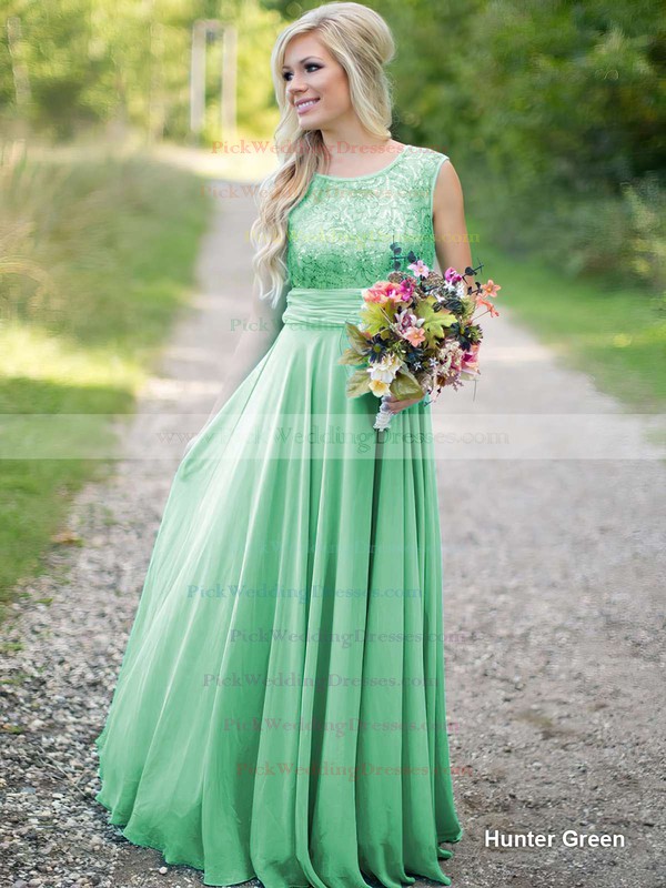 Scoop Neck Floor-length Ruched Lace Chiffon Pretty Bridesmaid Dresses #PWD01012813
