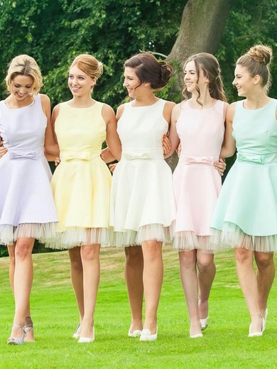 Open Back A-line Short/Mini Satin Tulle with Bow Cute Bridesmaid Dresses #PWD01012816