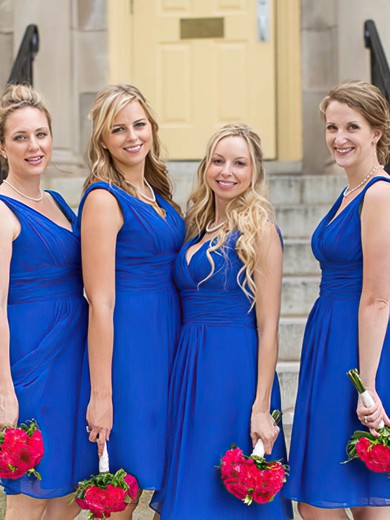 V-neck Royal Blue Knee-length Ruffles Chiffon Simple Bridesmaid Dresses #PWD01012823