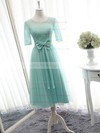 1/2 Sleeve Scoop Neck Knee-length Lace Tulle with Bow Different Bridesmaid Dresses #PWD01012824