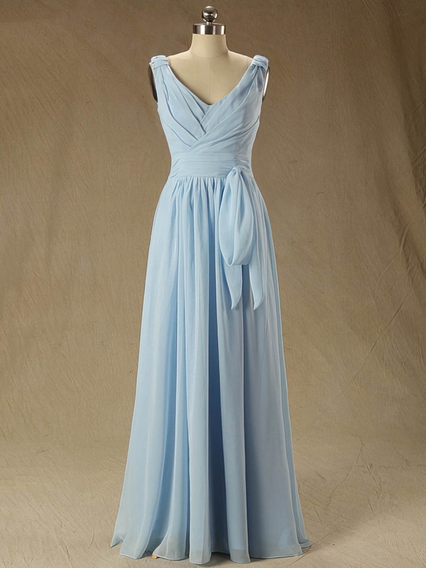 Floor-length Blue V-neck Ruffles Chiffon Classic Bridesmaid Dress #PWD01012827