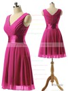 Knee-length Sage Chiffon Sashes / Ribbons V-neck Elegant Bridesmaid Dresses #PWD01012860
