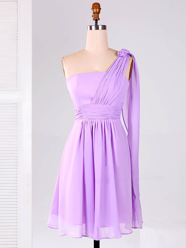 Best One Shoulder Lilac Chiffon Flower(s) Short/Mini Bridesmaid Dresses #PWD01012866