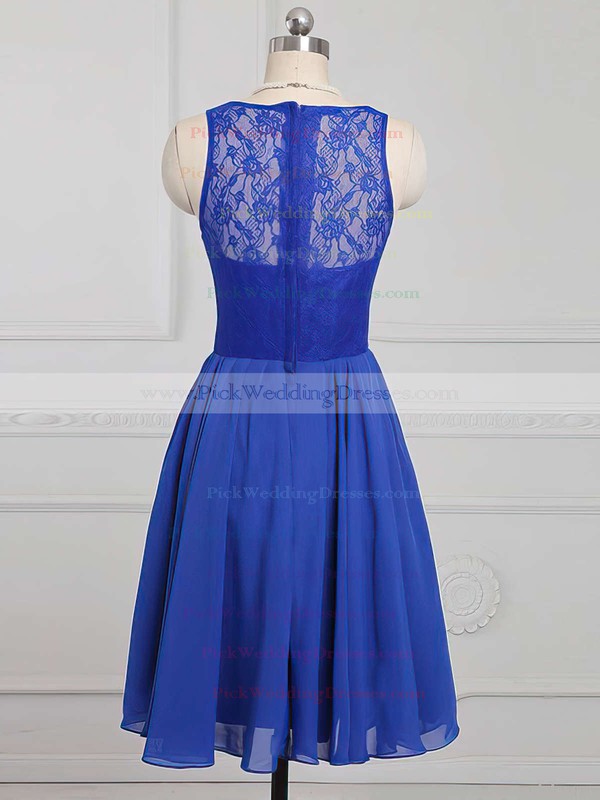 Knee-length Scoop Neck Royal Blue Chiffon with Lace Amazing Bridesmaid Dress #PWD01012886