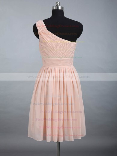 Girls Knee-length Pink Chiffon Ruched One Shoulder Bridesmaid Dress #PWD01012887