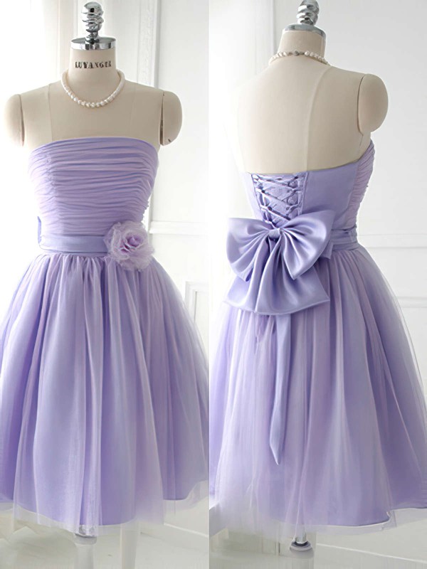 Short/Mini Strapless Lavender Satin Tulle with Bow Popular Bridesmaid Dress #PWD01012888