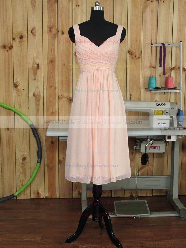Tea-length V-neck Pink Chiffon with Ruffles Glamorous Bridesmaid Dress #PWD01012892