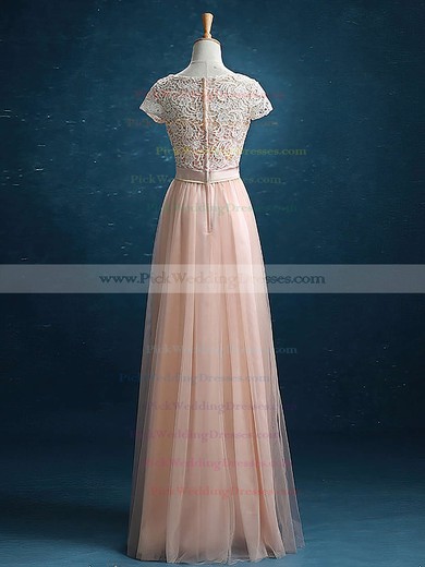 Short Sleeve Scoop Neck A-line Lace Tulle Sashes / Ribbons Elegant Bridesmaid Dress #PWD01012895