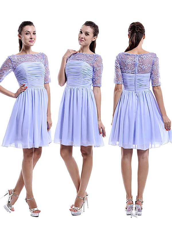2016 Knee-length Chiffon Tulle Appliques Lace Scoop Neck 1/2 Sleeve Bridesmaid Dress #PWD01012898