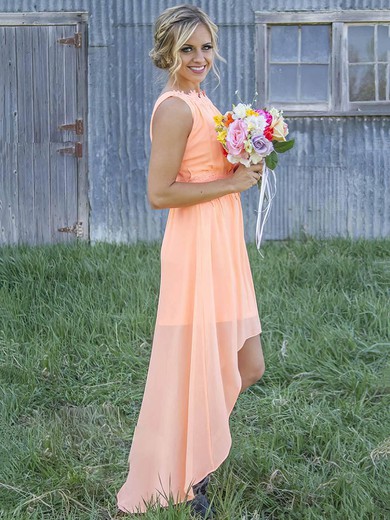 New A-line Scoop Neck Chiffon Appliques Lace Asymmetrical Bridesmaid Dresses #PWD01012899