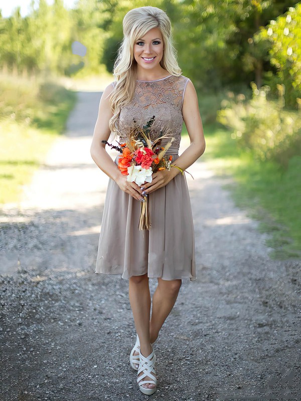 Perfect A-line Scoop Neck Lace Chiffon Sashes / Ribbons Knee-length Bridesmaid Dresses #PWD01012903