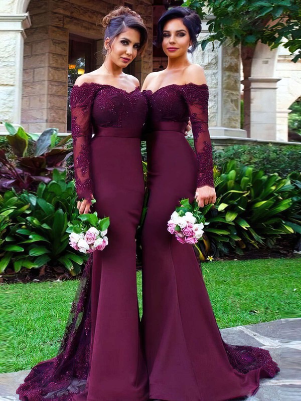 Off-the-shoulder Trumpet/Mermaid Tulle Silk-like Satin Sweep Train Appliques Lace Long Sleeve Bridesmaid Dresses #PWD01012904