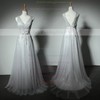 A-line Floor-length Tulle with Appliques Lace Beautiful V-neck Bridesmaid Dresses #PWD01012905