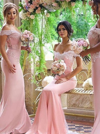Backless Off-the-shoulder Silk-like Satin Sweep Train Appliques Lace Trumpet/Mermaid Bridesmaid Dresses #PWD01012906